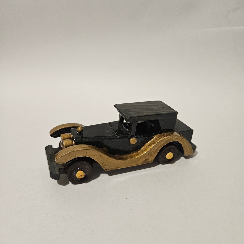 Handmade Wooden Vintage Car Model Black and Gold Decorative Display 4.5 Inch